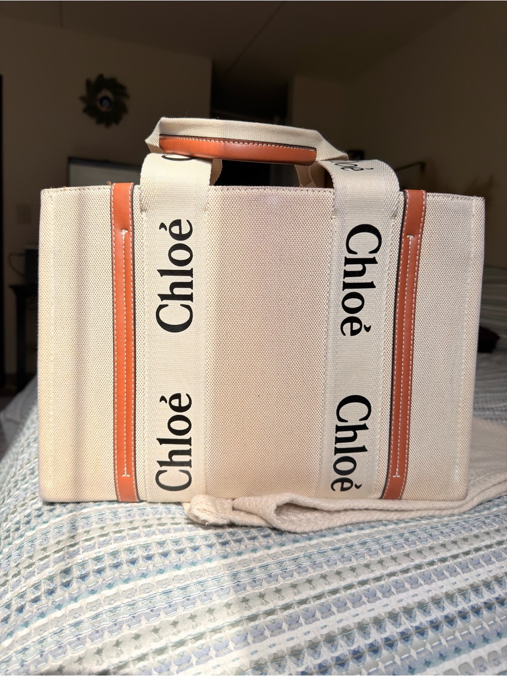 Beige Canvas Tote with Tan Leather Trim